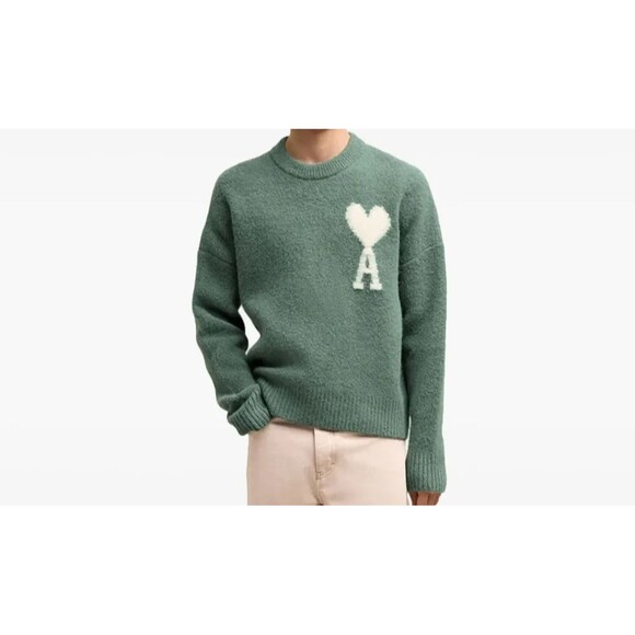 Ami Other - AMI PARIS Sweater Mens XXL Green Boxy Heart Logo Wool Alpaca De Coeur $685